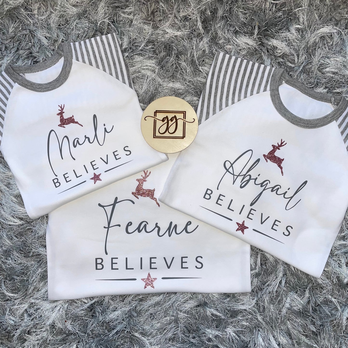 Personalised Believes Grey Stripe Christmas Pyjamas