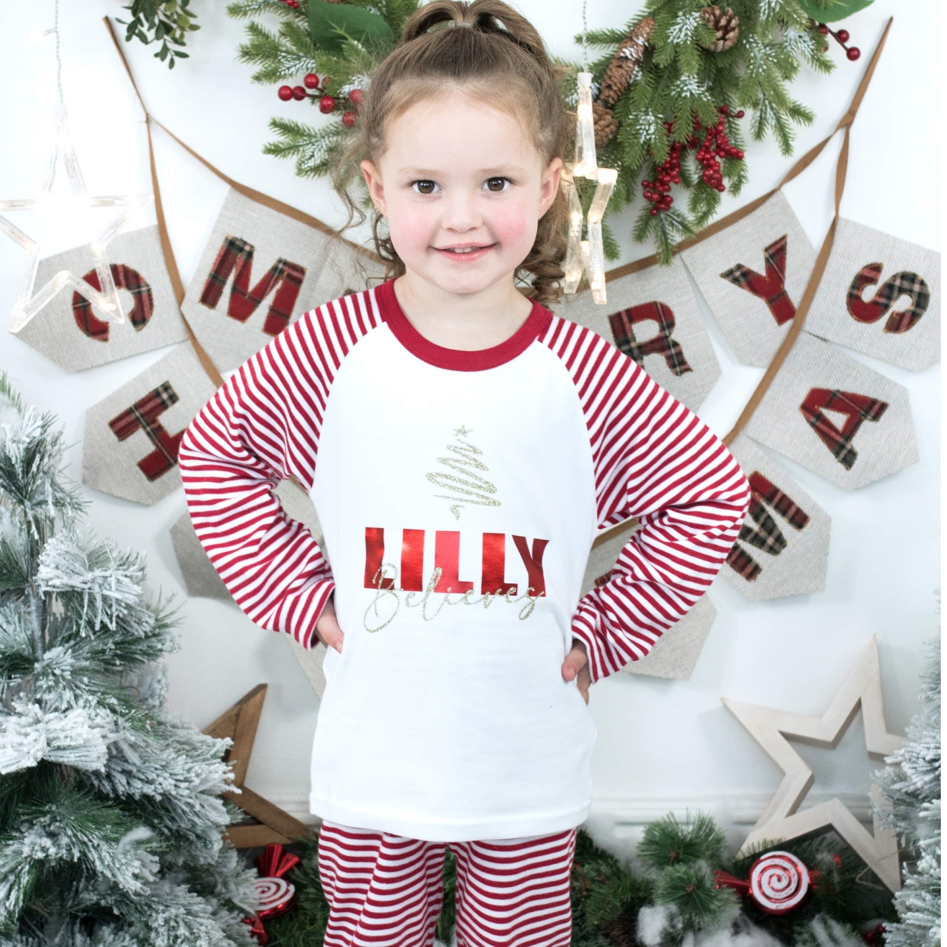 Personalised Bold Name Believes Red Stripe Christmas Pyjamas