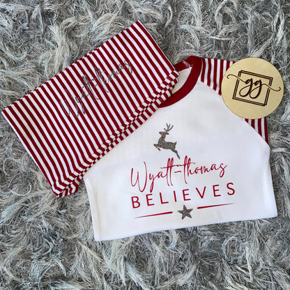 Personalised Believes Red Stripe Christmas Pyjamas