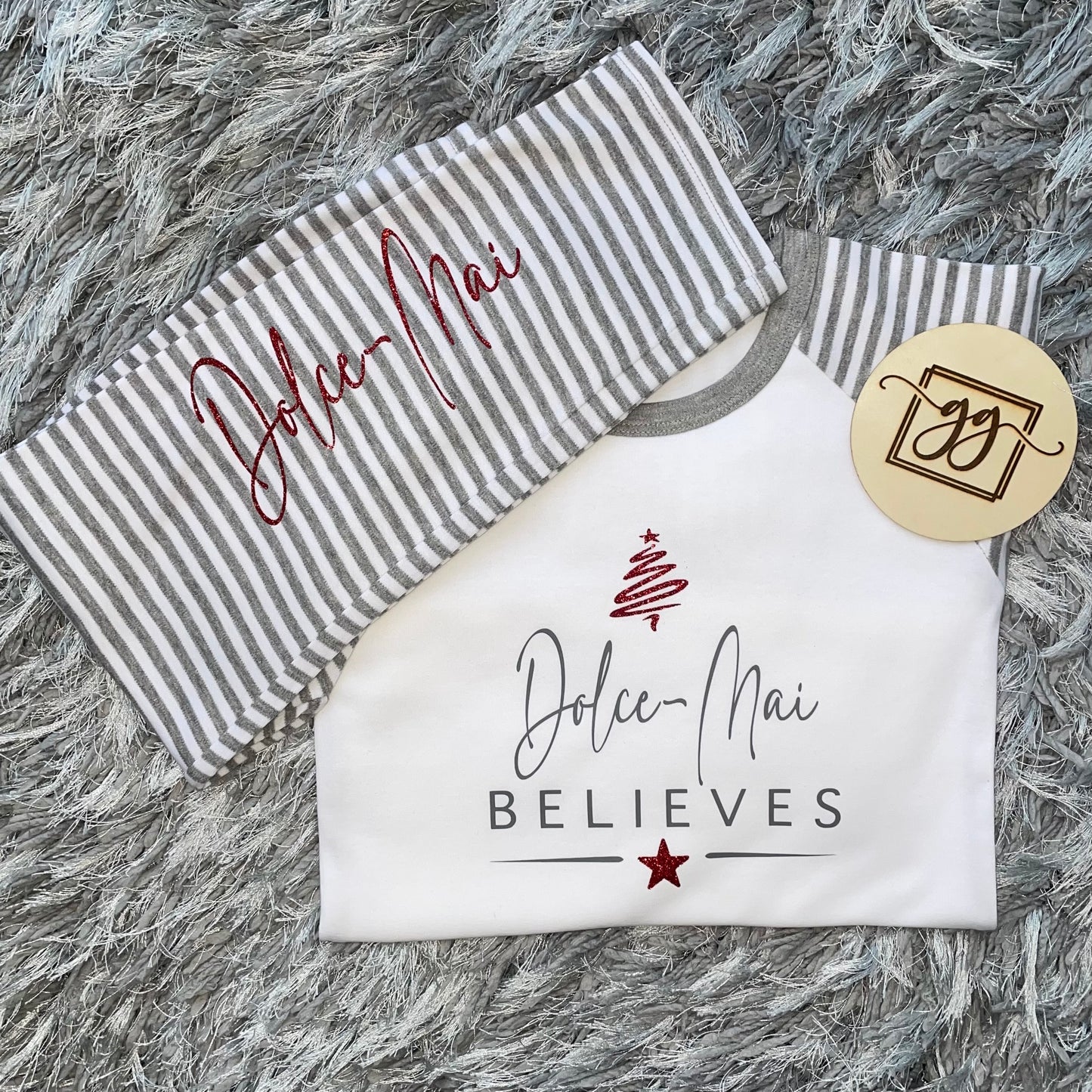 Personalised Believes Grey Stripe Christmas Pyjamas