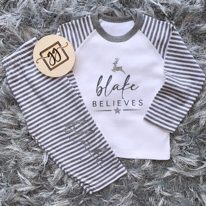 Personalised Believes Grey Stripe Christmas Pyjamas