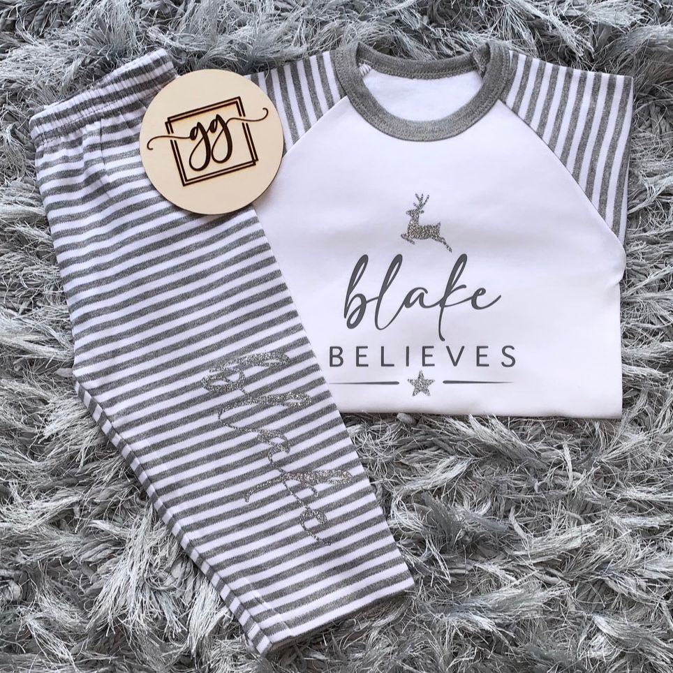 Personalised Believes Grey Stripe Christmas Pyjamas