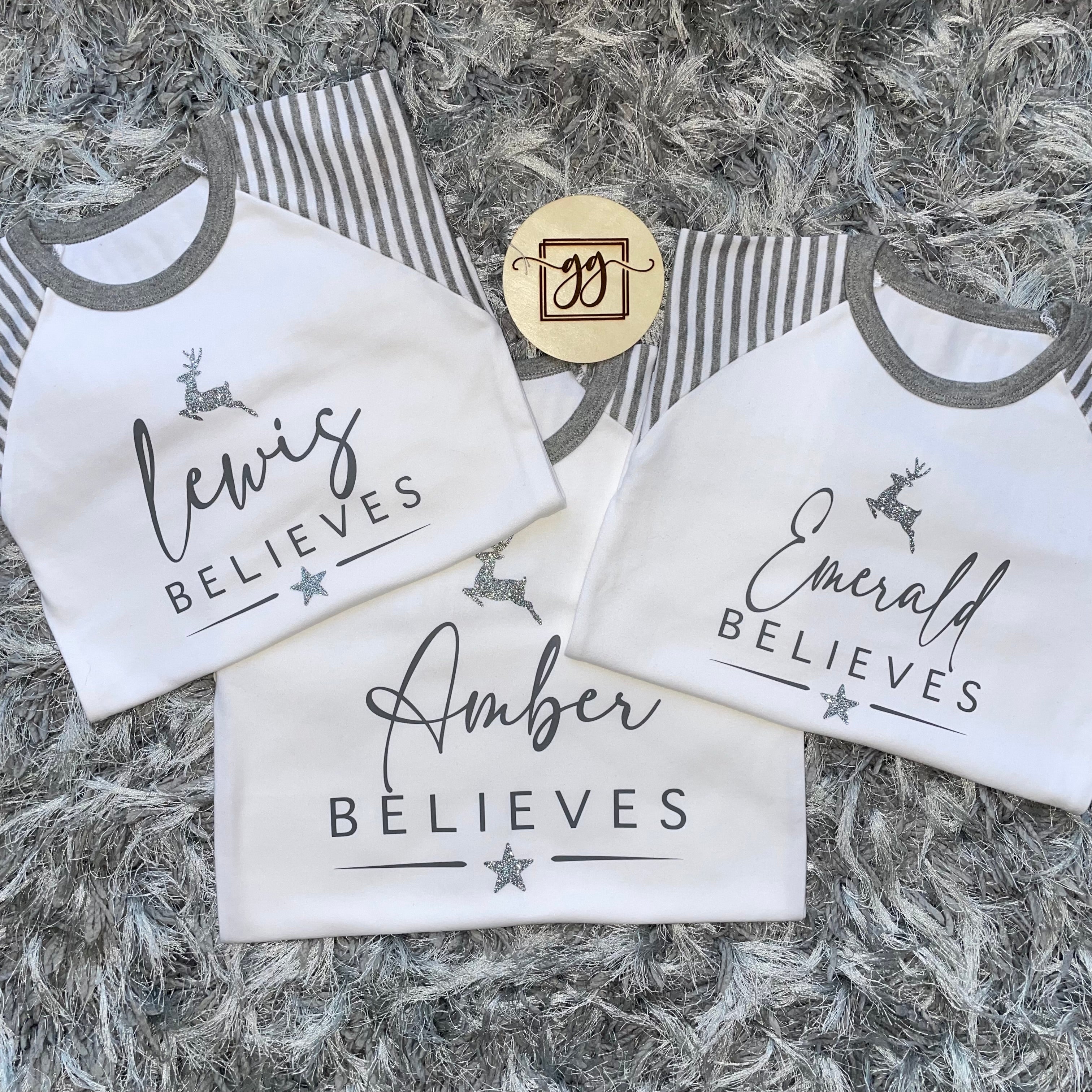 Personalised Believes Grey Stripe Christmas Pyjamas